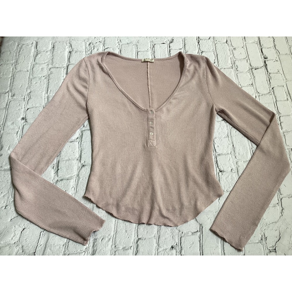 Intimately Free People Ribbed Henley Top Mauve V-Neck Long Sleeve Small